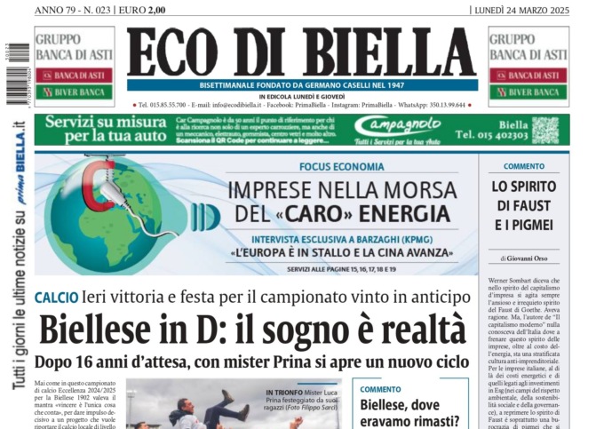 “Biellese in D: il sogno è realtà”: la prima pagina di Eco di Biella in edicola oggi