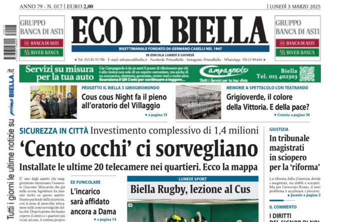 “‘Cento occhi’ ci sorvegliano”: la prima pagina di Eco di Biella in edicola oggi