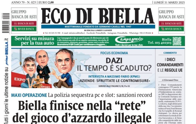 “Biella finisce nella rete del gioco d’azzardo illegale”: la prima pagina di Eco di Biella in edicola oggi
