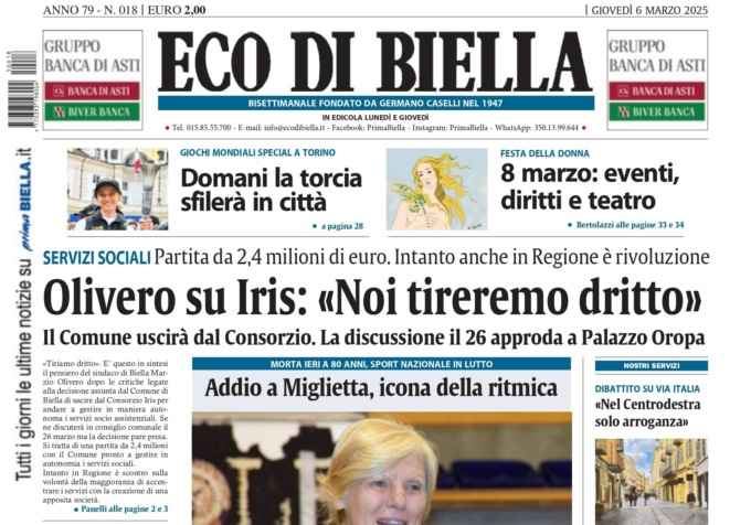 “Olivero su Iris: ‘Noi tiriamo dritto'”: la prima pagina di Eco di Biella in edicola oggi