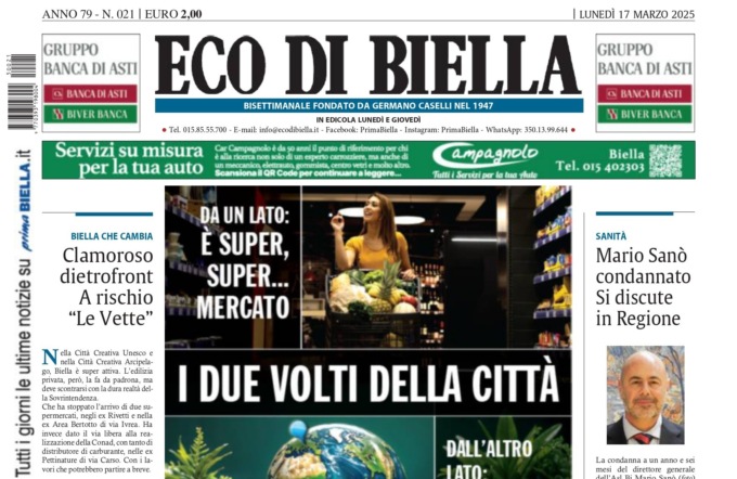 “I due volti della città”: la prima pagina di Eco di Biella in edicola oggi