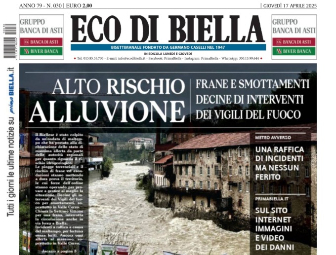 “Alto rischio alluvione”: la prima pagina di Eco di Biella in edicola oggi