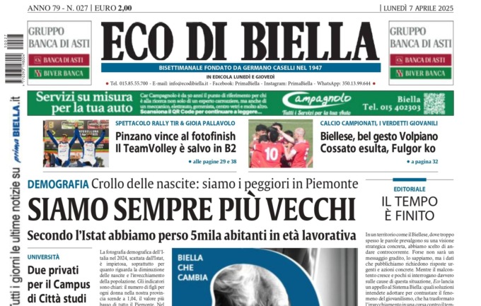 “Siamo sempre più vecchi”: la prima pagina di Eco di Biella in edicola oggi