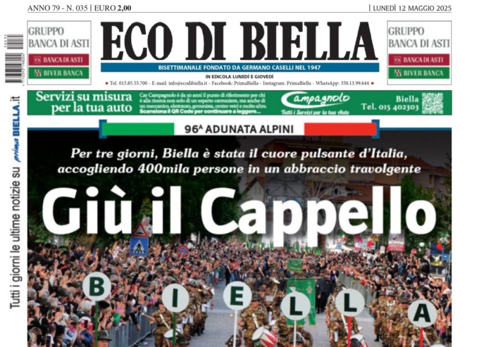 “Giù il cappello”: la prima pagina di Eco di Biella in edicola oggi