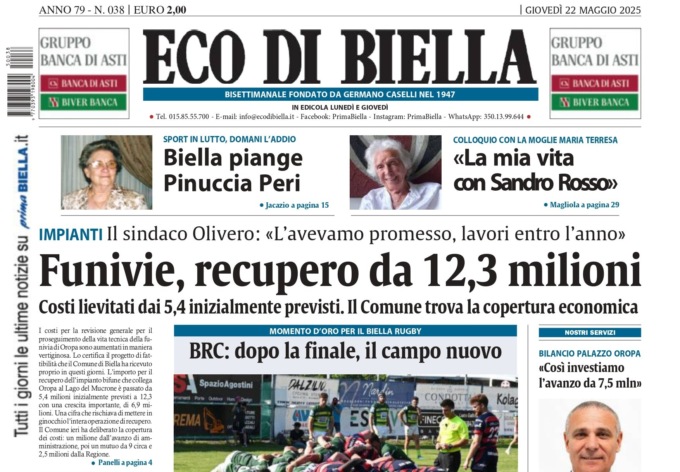 “Funivie, recupero da 12,3 milioni”: la prima pagina di Eco di Biella in edicola oggi