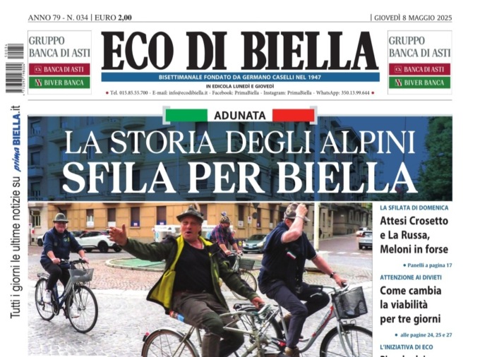 “La storia degli Alpini sfila per Biella”: la prima pagina di Eco di Biella in edicola oggi