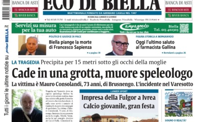 "Cade in una grotta, muore speleologo": la prima pagina di Eco di Biella in edicola oggi