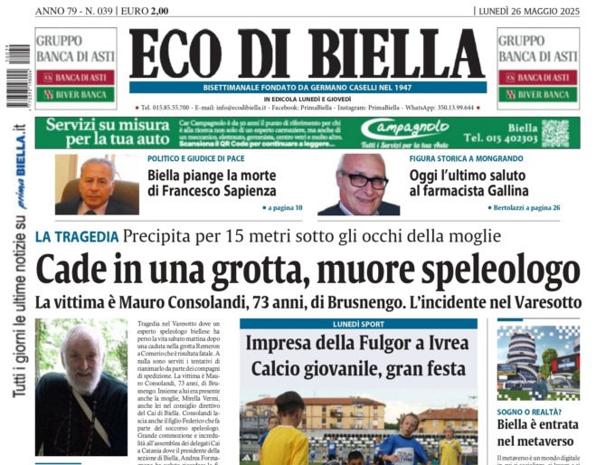 “Cade in una grotta, muore speleologo”: la prima pagina di Eco di Biella in edicola oggi