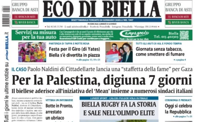"Per la Palestina, digiuna 7 giorni": la prima pagina di Eco di Biella in edicola oggi