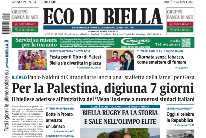 “Per la Palestina, digiuna 7 giorni”: la prima pagina di Eco di Biella in edicola oggi