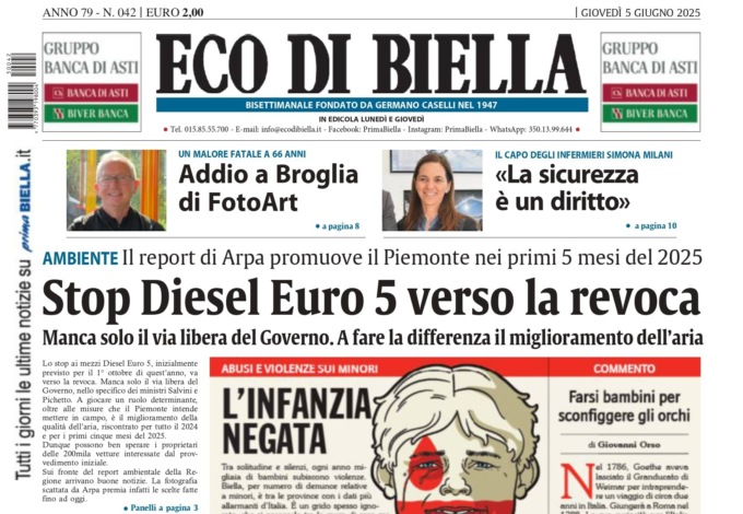 “Stop Diesel Euro 5 verso la revoca”: la prima pagina di Eco di Biella in edicola oggi