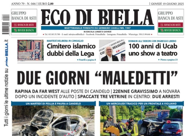 “Due giorni ‘maledetti'”: la prima pagina di Eco di Biella in edicola oggi
