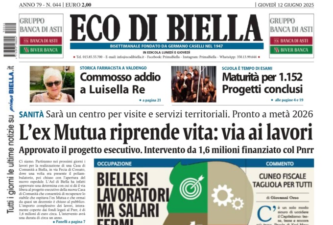 “L’ex Mutua riprende vita: via ai lavori”: la prima pagina di Eco di Biella in edicola oggi
