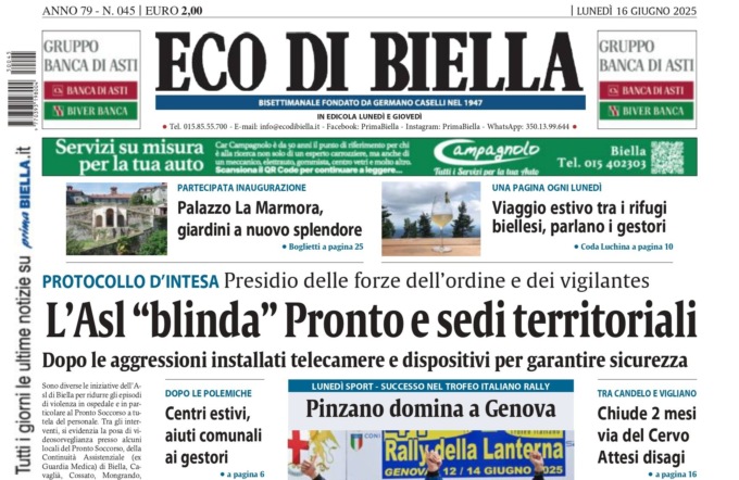 “L’Asl ‘blinda’ Pronto e sedi territoriali”: la prima pagina di Eco di Biella in edicola oggi