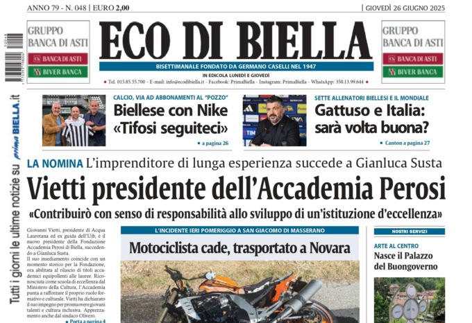 “Vietti presidente dell’Accademia Perosi”: la prima pagina di Eco di Biella in edicola oggi