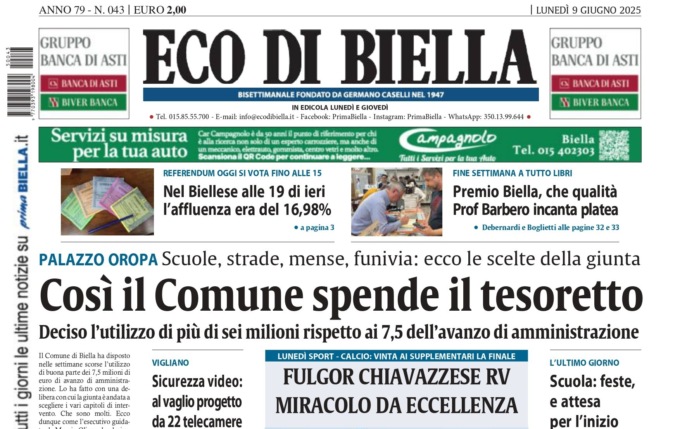 “Così il Comune spende il tesoretto”: la prima pagina di Eco di Biella in edicola oggi