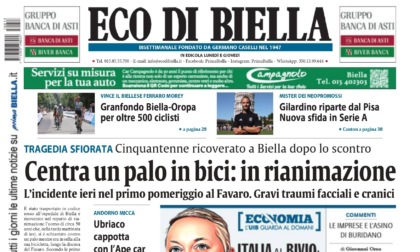 "Centra un palo in bici: in rianimazione": la prima pagina di Eco di Biella in edicola oggi
