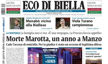 "Morte Marotta, un anno a Manzo": la prima pagina di Eco di Biella in edicola oggi