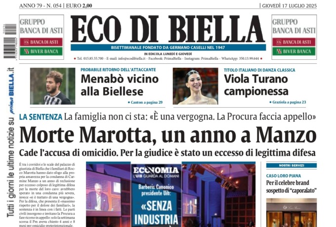 “Morte Marotta, un anno a Manzo”: la prima pagina di Eco di Biella in edicola oggi
