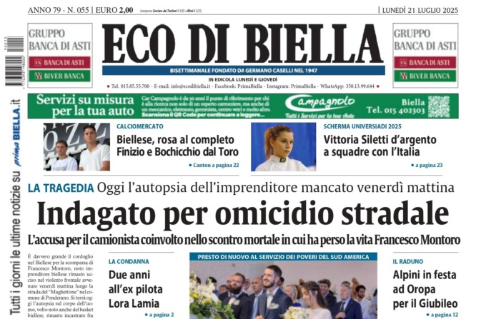 “Indagato per omicidio stradale”: la prima pagina di Eco di Biella in edicola oggi