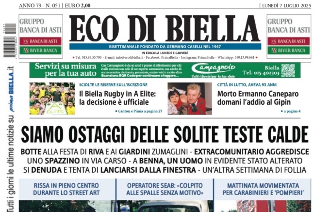“Siamo ostaggi delle solite teste calde”: la prima pagina di Eco di Biella in edicola oggi