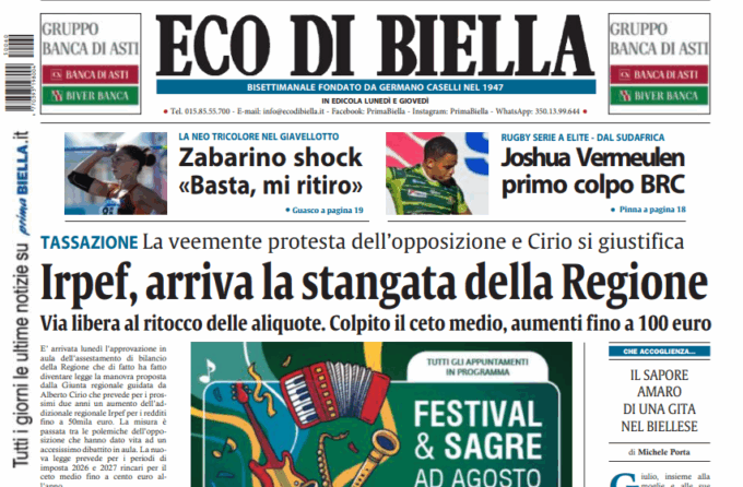 “Irpef, arriva la stangata della Regione”: la prima pagina di Eco di Biella in edicola oggi