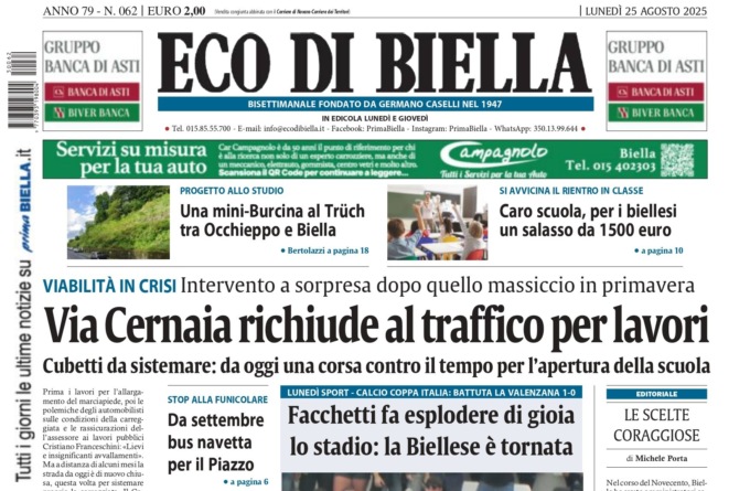 “Via Cernaia richiude al traffico per lavori”: la prima pagina di Eco di Biella in edicola oggi