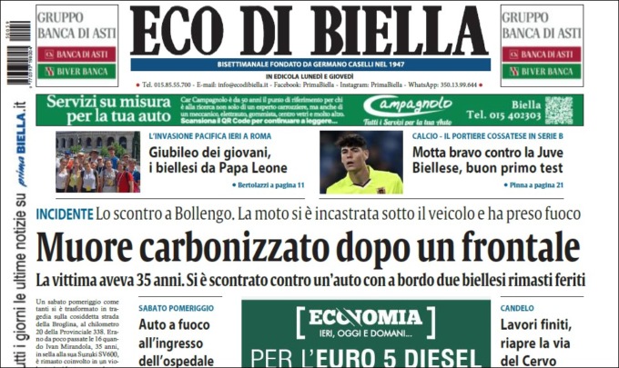 “Muore carbonizzato dopo un frontale”: la prima pagina di Eco di Biella