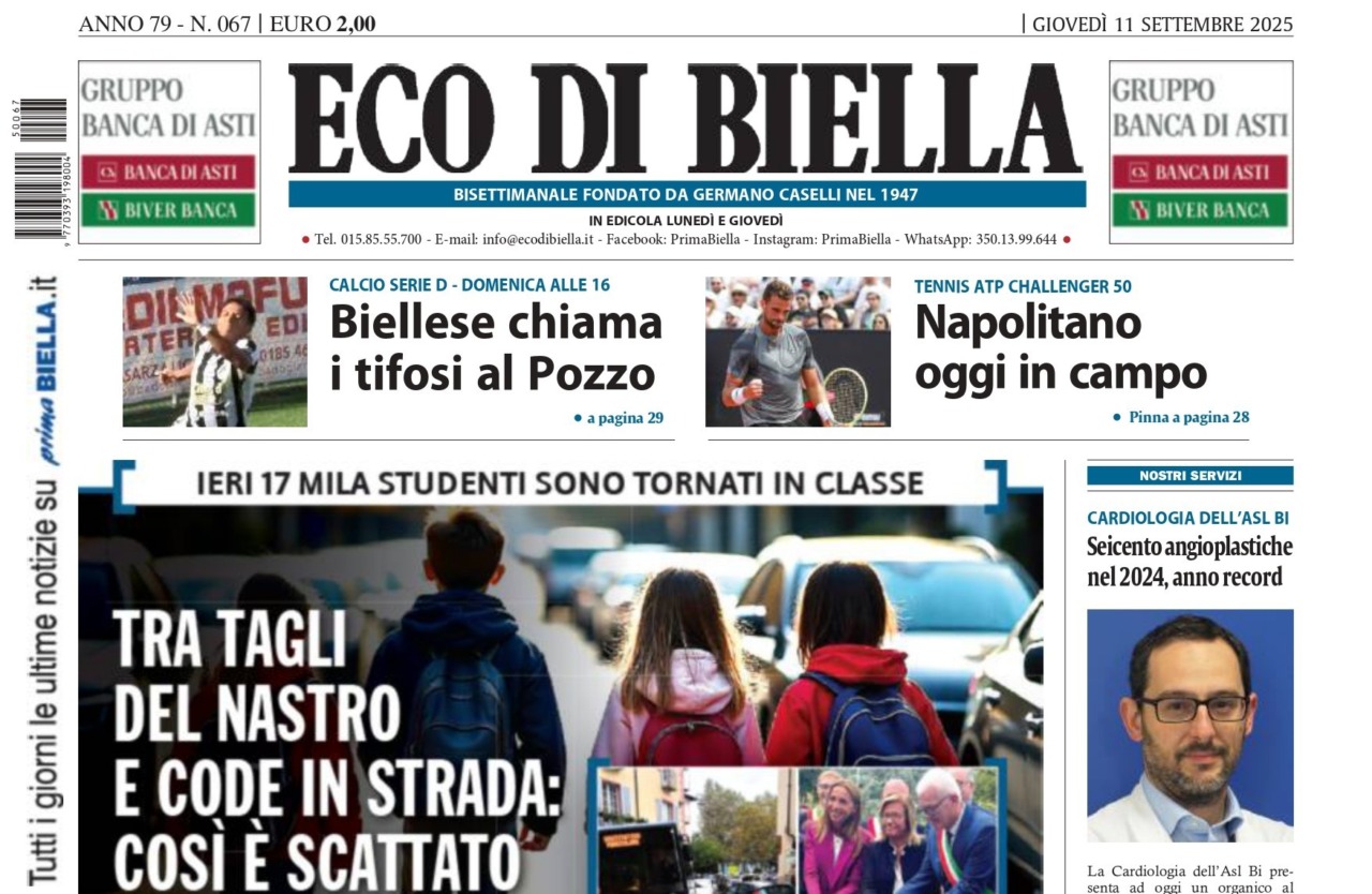 “Tra tagli del nastro e code in strada, così è scattato il nuovo anno scolastico”: la prima pagina di Eco di Biella in edicola oggi