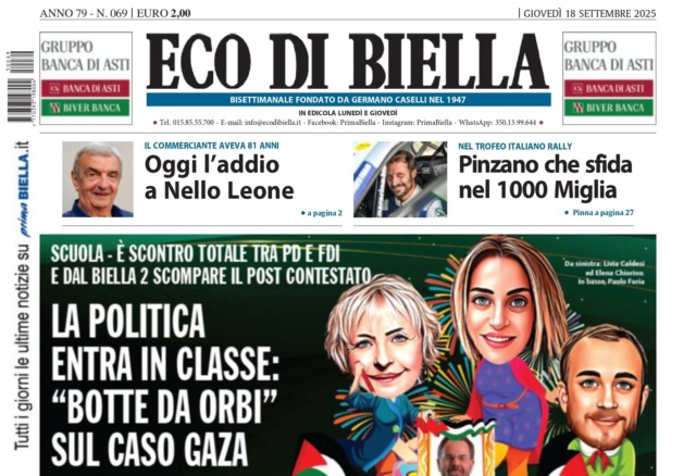 “La politica entra in classe: ‘botte da orbi’ sul caso Gaza”: la prima pagina di Eco di Biella in edicola oggi