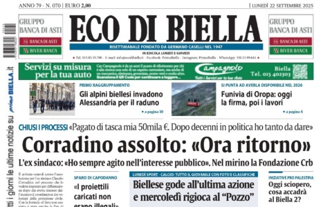 “Corradino assolto: ‘Ora ritorno'”: la prima pagina di Eco di Biella in edicola oggi