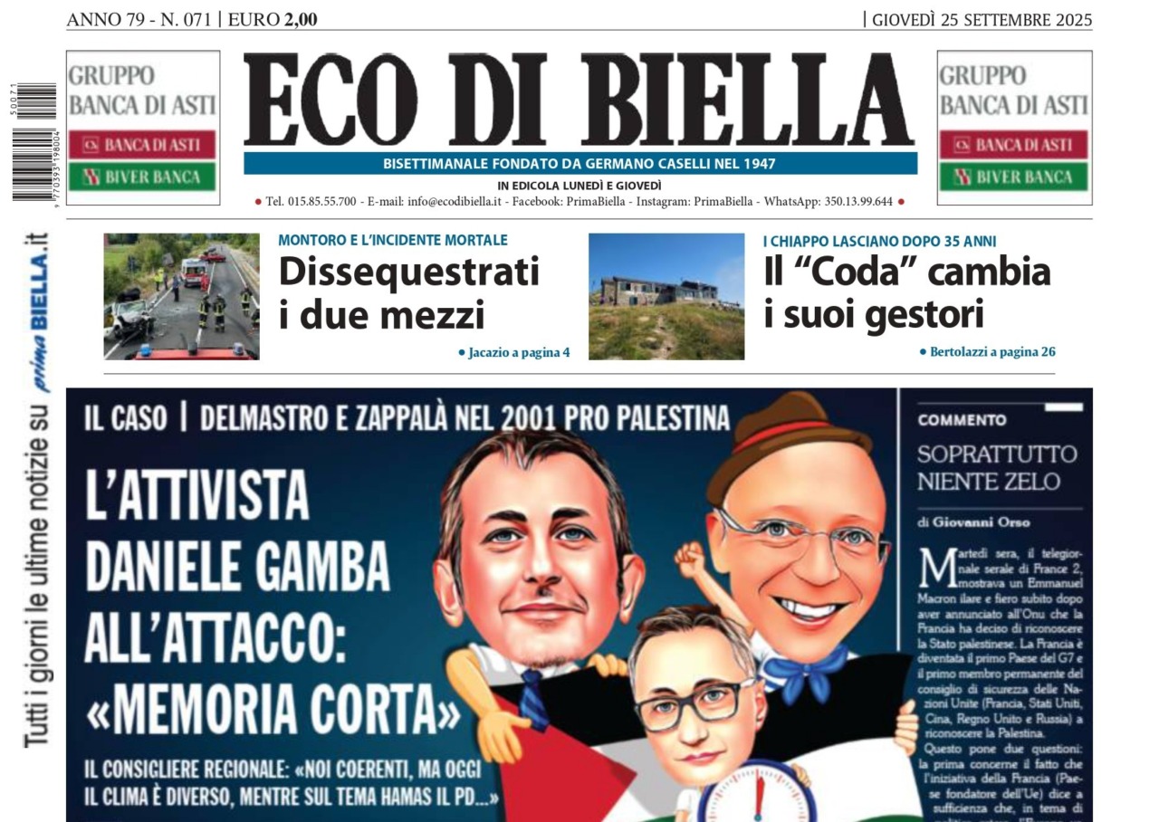 “L’attivista Daniele Gamba all’attacco: ‘Memoria corta’”: la prima pagina di Eco di Biella in edicola oggi