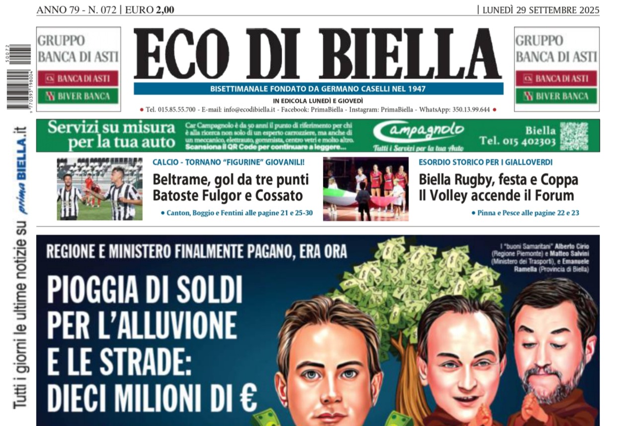 “Pioggia di soldi per l’alluvione e le strade”: la prima pagina di Eco di Biella in edicola oggi