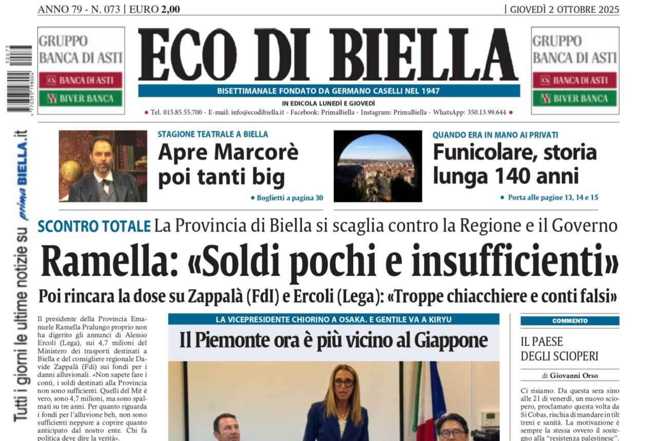 “Ramella: ‘Soldi pochi e insufficienti'”: la prima pagina di Eco di Biella in edicola oggi