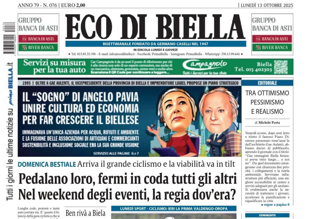“Pedalano loro, fermi in coda tutti gli altri”: la prima pagina di Eco di Biella in edicola oggi
