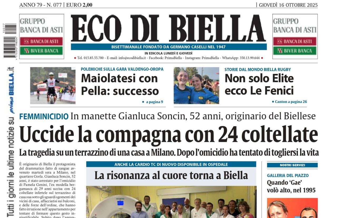 “Uccide la compagna con 24 coltellate”: la prima pagina di Eco di Biella in edicola oggi