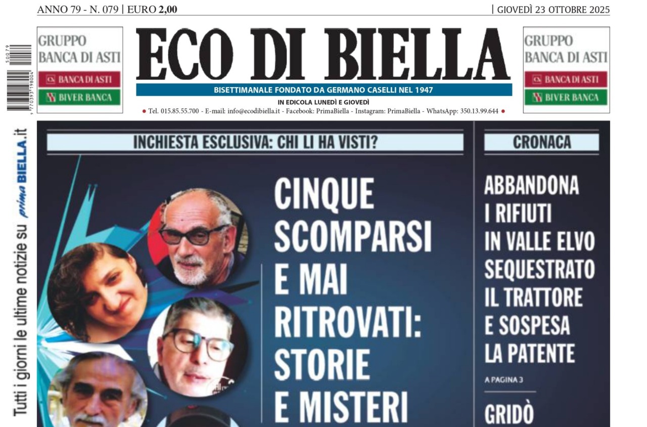 “Cinque scomparsi e mai ritrovati: storie e misteri”: la prima pagina di Eco di Biella in edicola oggi