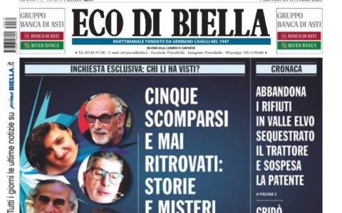“Cinque scomparsi e mai ritrovati: storie e misteri”: la prima pagina di Eco di Biella in edicola oggi