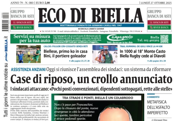 “Case di riposo, un crollo annunciato”: la prima pagina di Eco di Biella in edicola oggi