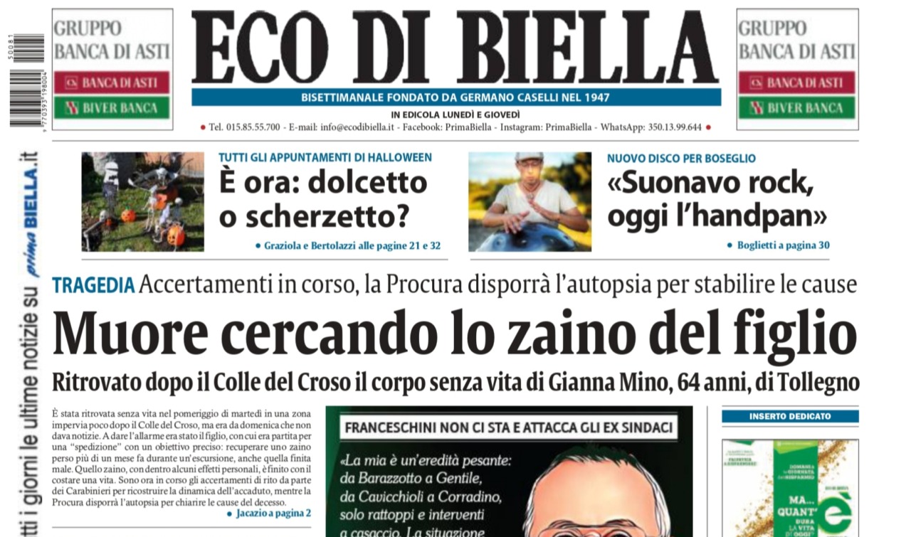 “Muore cercando lo zaino del figlio”: la prima pagina di Eco di Biella in edicola oggi