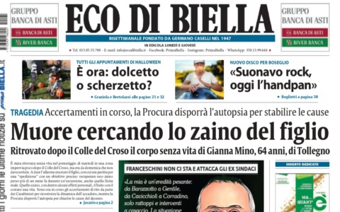 “Muore cercando lo zaino del figlio”: la prima pagina di Eco di Biella in edicola oggi