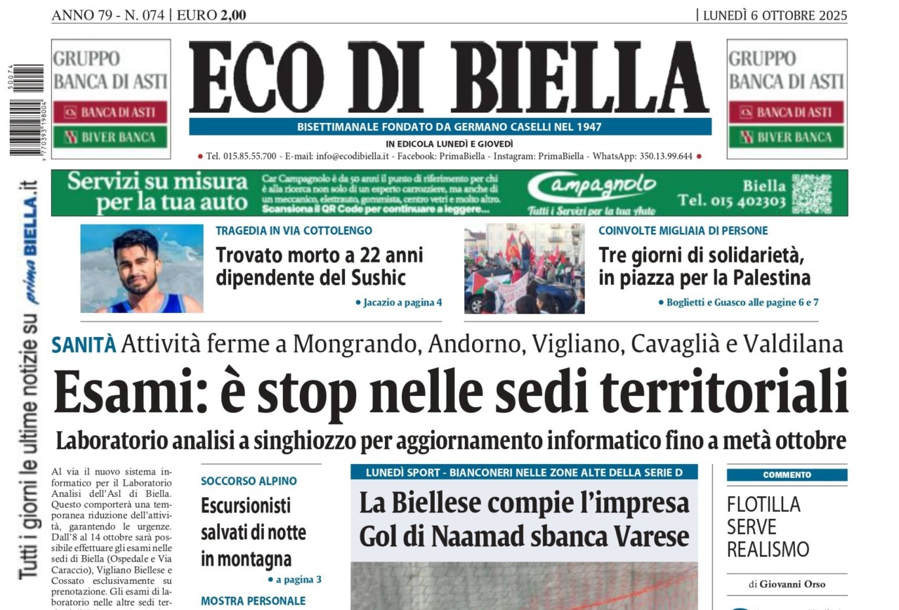 “Esami: è stop nelle sedi territoriali”: la prima pagina di Eco di Biella in edicola oggi