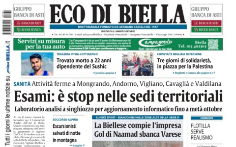 “Esami: è stop nelle sedi territoriali”: la prima pagina di Eco di Biella in edicola oggi