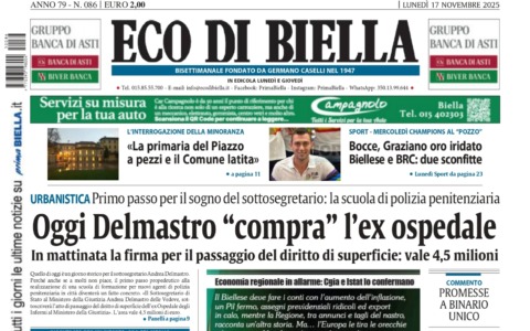 “Oggi Delmastro ‘compra’ l’ex ospedale”: la prima pagina di Eco di Biella in edicola oggi