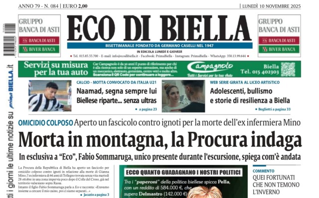 “Morta in montagna, la Procura indaga”: la prima pagina di Eco di Biella in edicola oggi