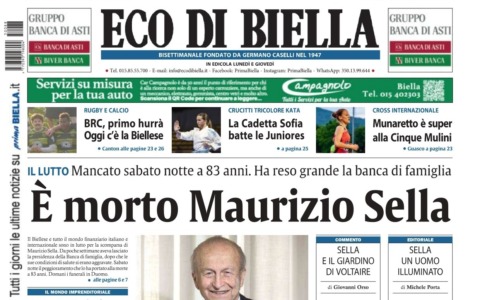“È morto Maurizio Sella”: la prima pagina di Eco di Biella in edicola oggi