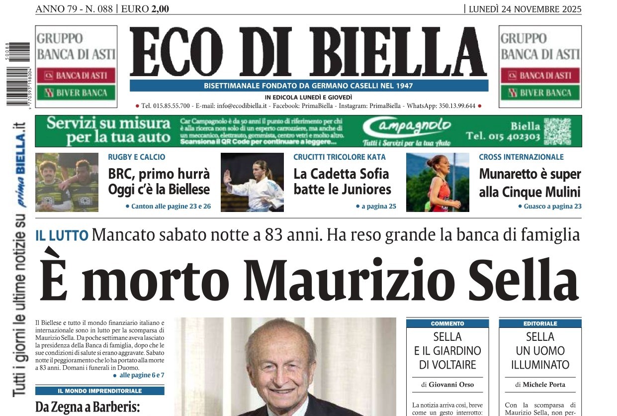 “È morto Maurizio Sella”: la prima pagina di Eco di Biella in edicola oggi