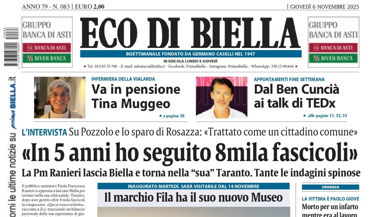 “In 5 anni ho seguito 8mila fascicoli”: la prima pagina di Eco di Biella in edicola oggi