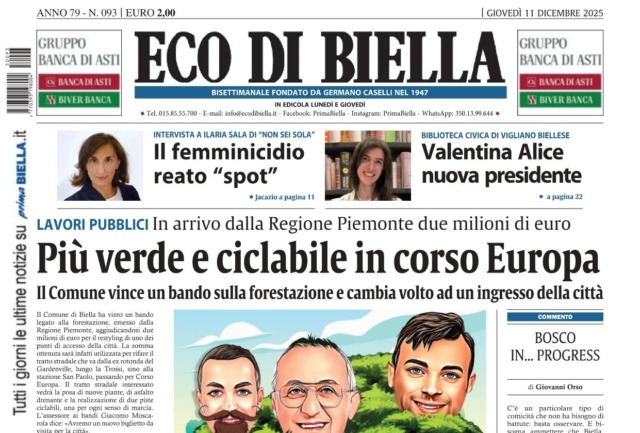 “Più verde e ciclabile in corso Europa”: la prima pagina di Eco di Biella in edicola oggi