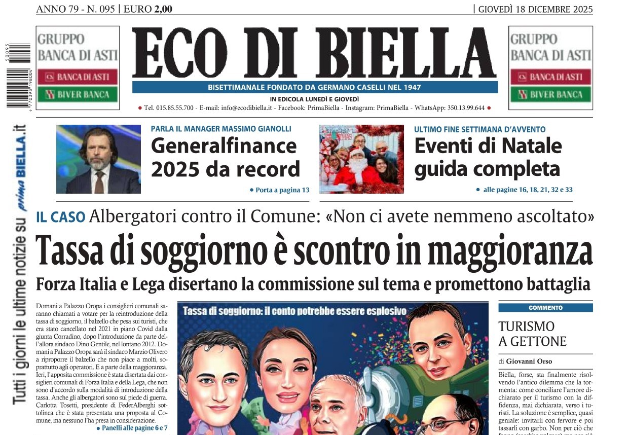 “Tassa di soggiorno è scontro in maggioranza”: la prima pagina di Eco di Biella in edicola oggi